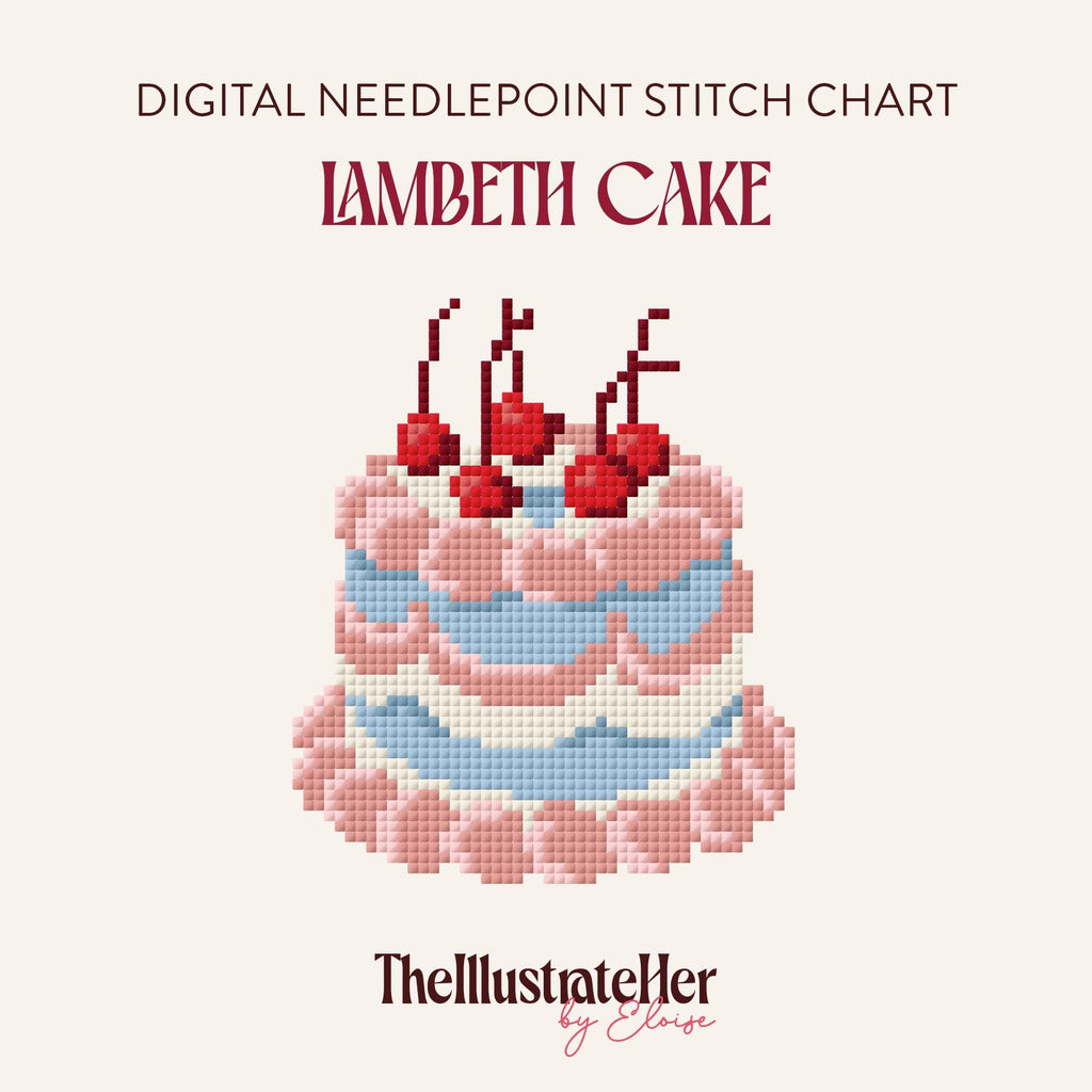 ​​A digital needlepoint pattern featuring a lambeth cake in blue, pink and white frosting topped with cherries. Text reading"Digital Needlepoint Stitch Chart" "Lambeth Cake" and TheIllustrateHer® by Eloise logo. 