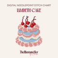 ​​A digital needlepoint pattern featuring a lambeth cake in blue, pink and white frosting topped with cherries. Text reading"Digital Needlepoint Stitch Chart" "Lambeth Cake" and TheIllustrateHer® by Eloise logo. 