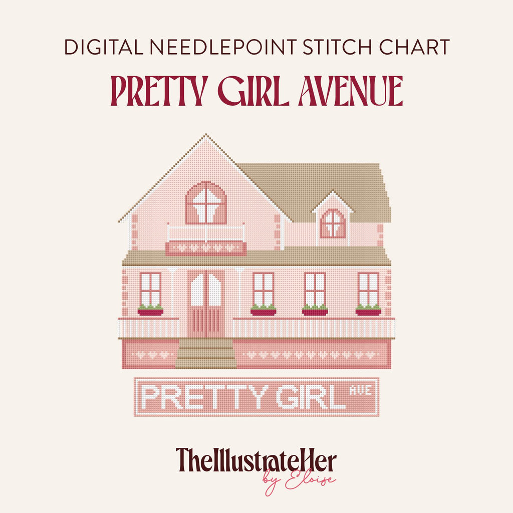 Pretty Girl Avenue House Tour - Digital Needlepoint Stitch Chart - 18 Mesh | Pink Cottage