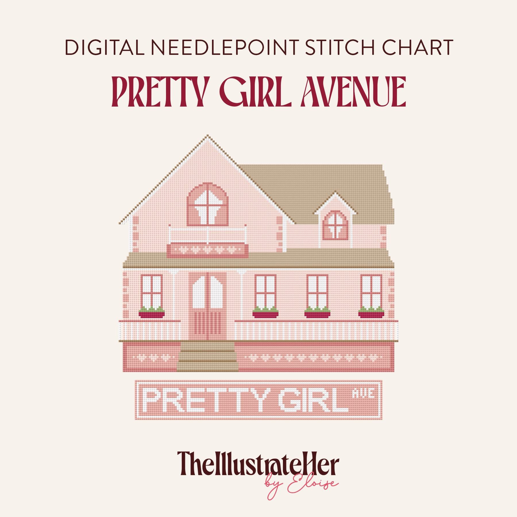 Pretty Girl Avenue House Tour - Digital Needlepoint Stitch Chart - 18 Mesh | Pink Cottage