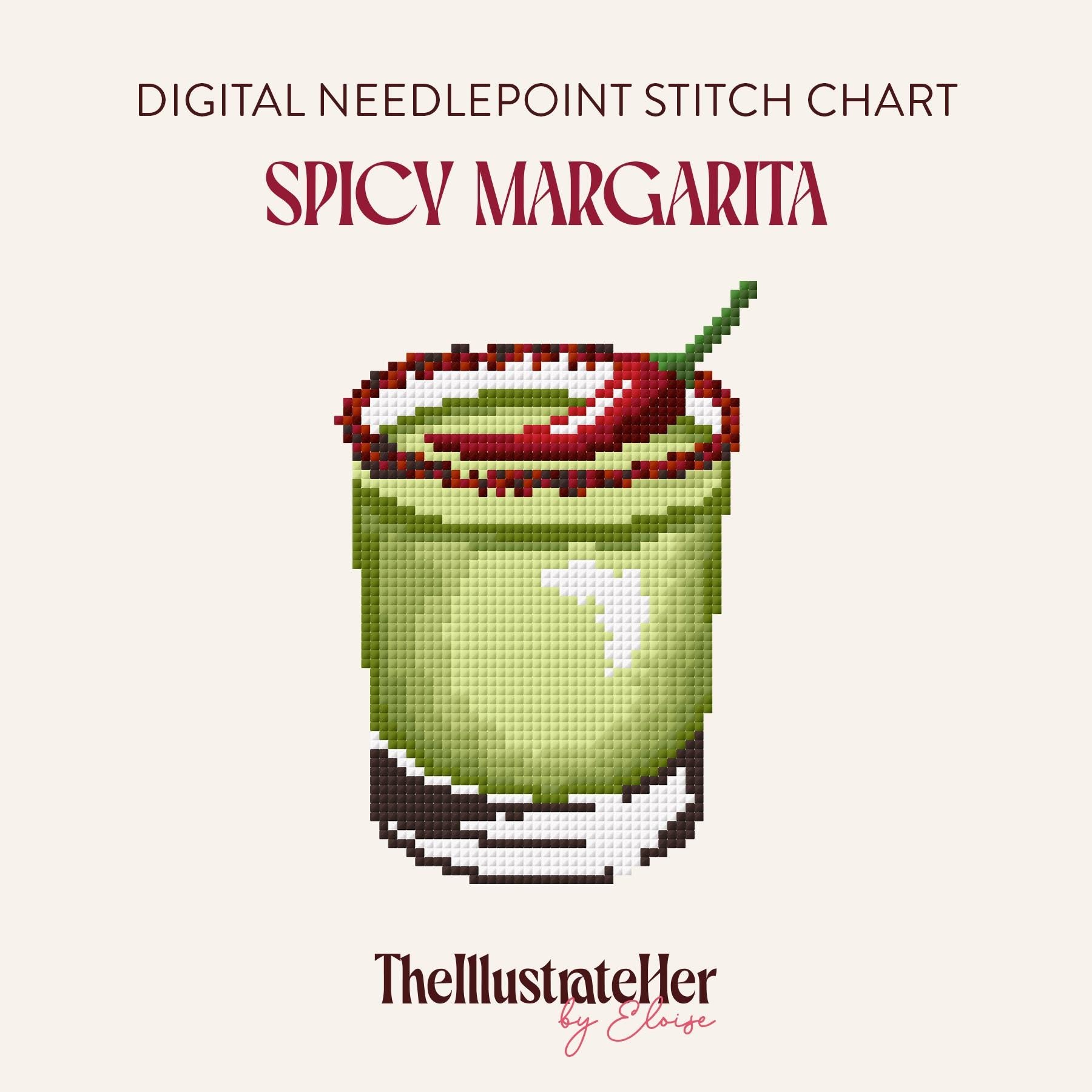 Spicy Margarita - Digital Needlepoint Stitch Chart - 18 Mesh | Chili Pepper Tequila Cocktail