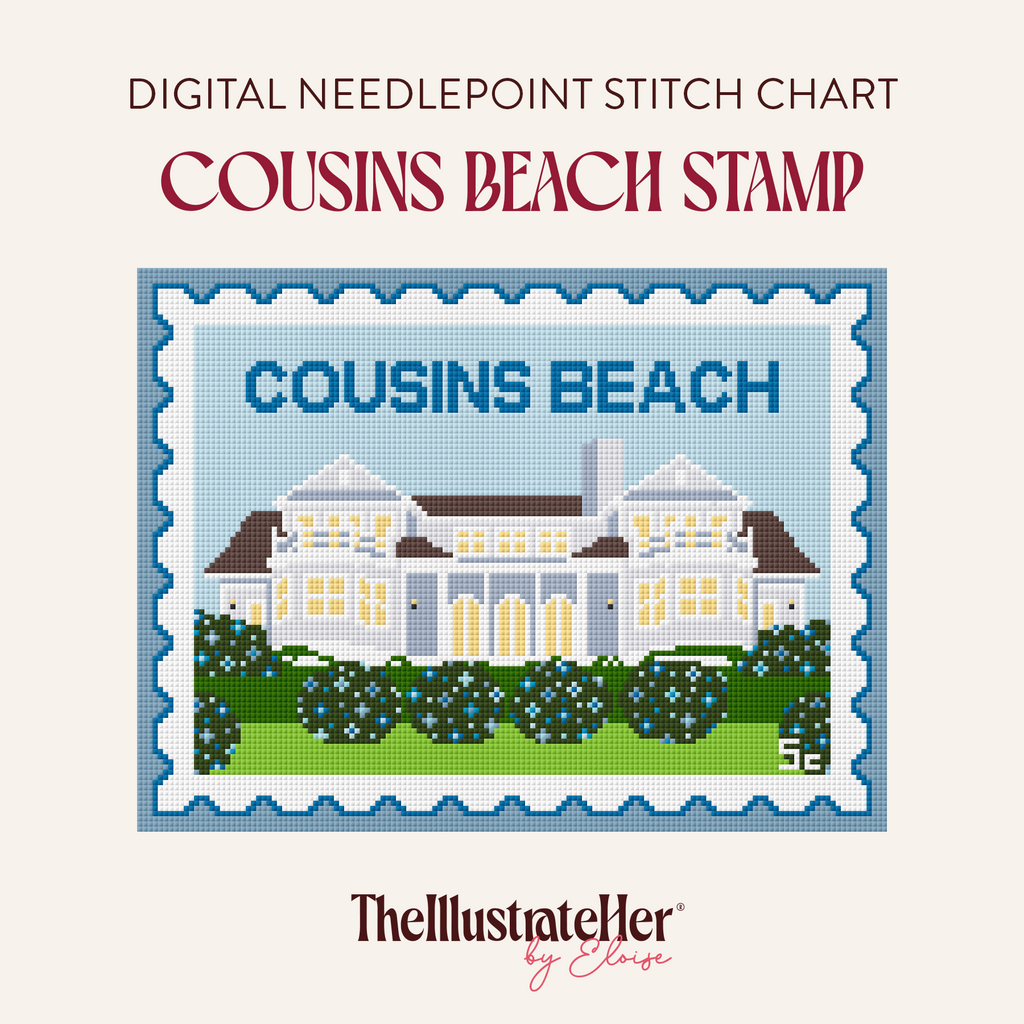 ​​A digital needlepoint pattern featuring a Cousins Beach Stamp with a light blue house in a grassy scene with blue flowers. Text reading"Digital Needlepoint Stitch Chart" "Cousins Beach Stamp" and TheIllustrateHer® by Eloise logo. 