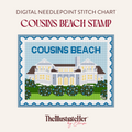 ​​A digital needlepoint pattern featuring a Cousins Beach Stamp with a light blue house in a grassy scene with blue flowers. Text reading"Digital Needlepoint Stitch Chart" "Cousins Beach Stamp" and TheIllustrateHer® by Eloise logo. 