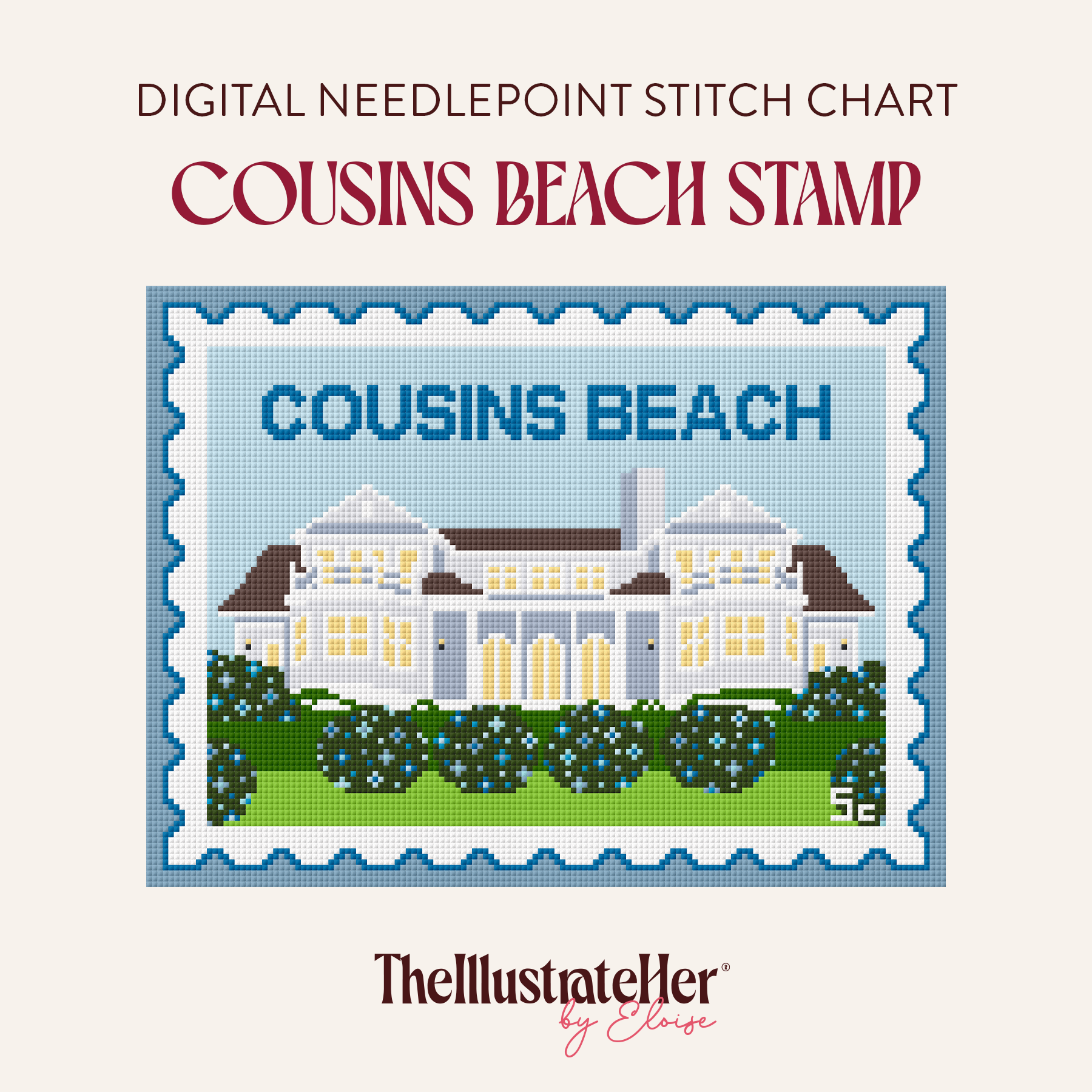 ​​A digital needlepoint pattern featuring a Cousins Beach Stamp with a light blue house in a grassy scene with blue flowers. Text reading"Digital Needlepoint Stitch Chart" "Cousins Beach Stamp" and TheIllustrateHer® by Eloise logo. 
