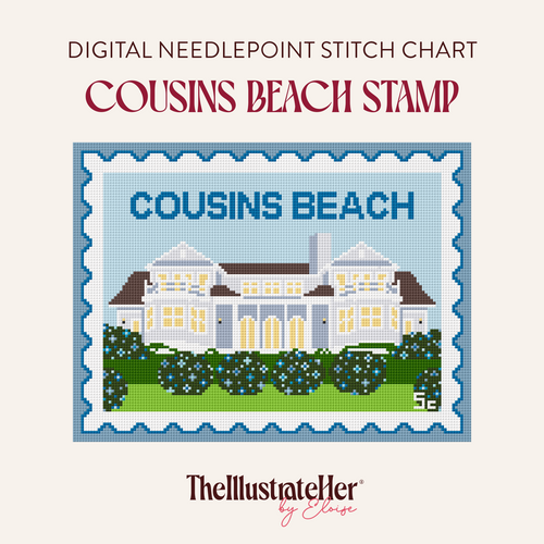 ​​A digital needlepoint pattern featuring a Cousins Beach Stamp with a light blue house in a grassy scene with blue flowers. Text reading"Digital Needlepoint Stitch Chart" "Cousins Beach Stamp" and TheIllustrateHer® by Eloise logo. 
