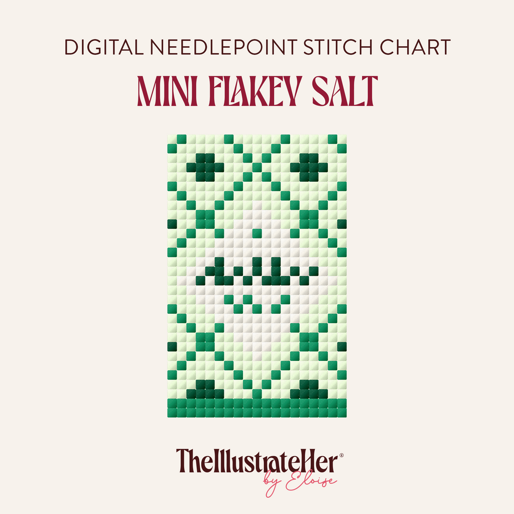 ​​A digital needlepoint pattern featuring a green box of sea salt. Text reading"Digital Needlepoint Stitch Chart" "Mini Flakey Sea Salt" and TheIllustrateHer® by Eloise logo. 
