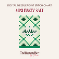 ​​A digital needlepoint pattern featuring a green box of sea salt. Text reading"Digital Needlepoint Stitch Chart" "Mini Flakey Sea Salt" and TheIllustrateHer® by Eloise logo. 