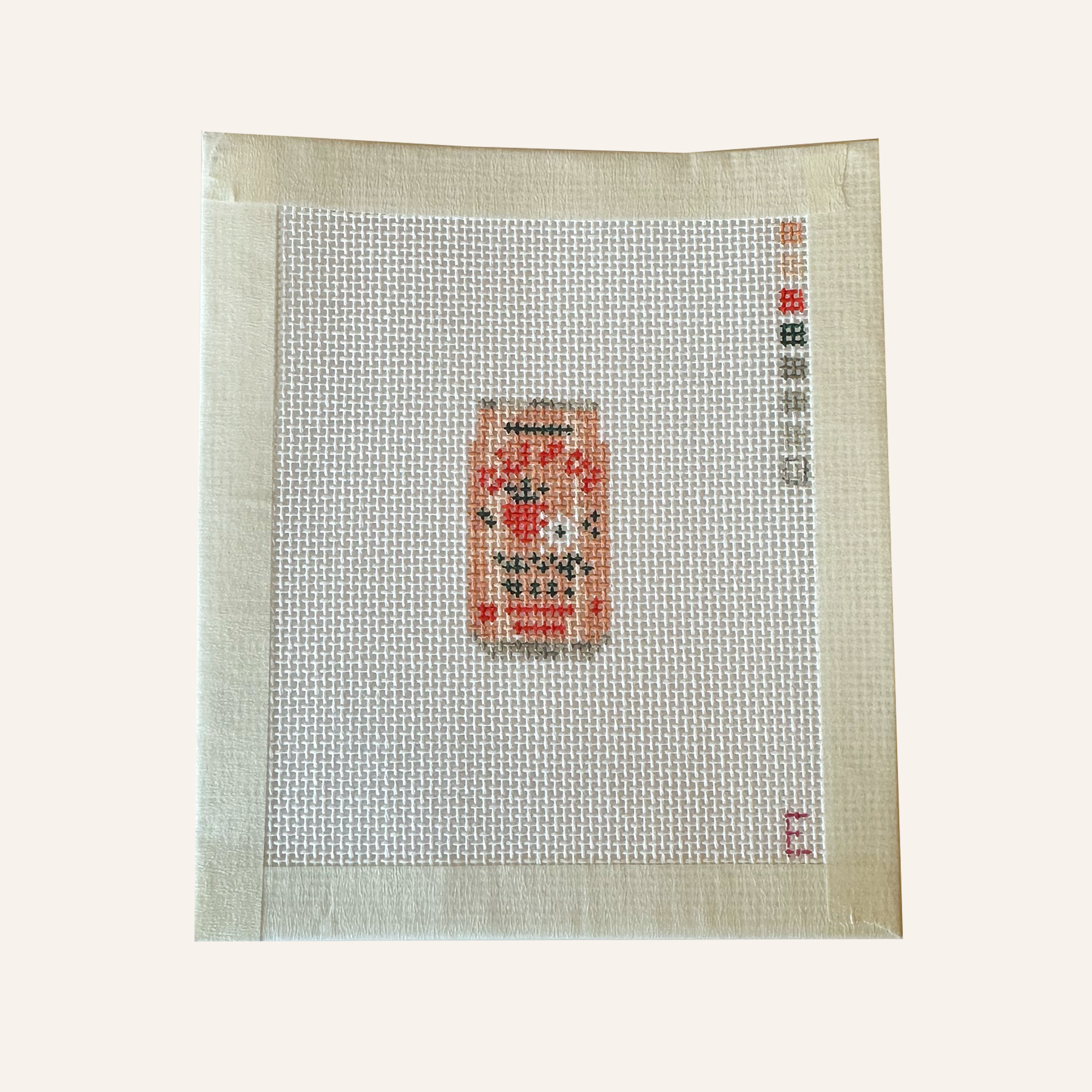 A needlepoint canvas featuring a strawberry soda pattern. The pattern is miniaturized so "text" is indiscernible but still conveys the pattern. The canvas features a color palette panel and is signed by "Eloise."