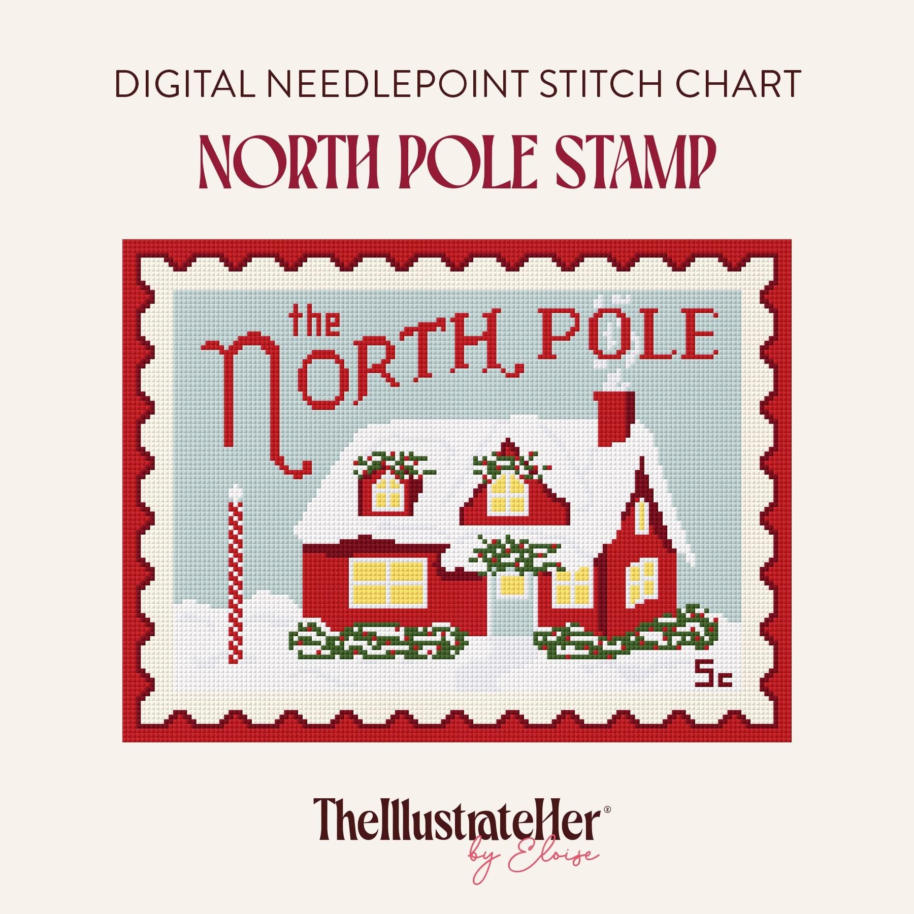 North Pole Stamp - Digital Needlepoint Stitch Chart - 18 Mesh | Christmas Holiday Solstice