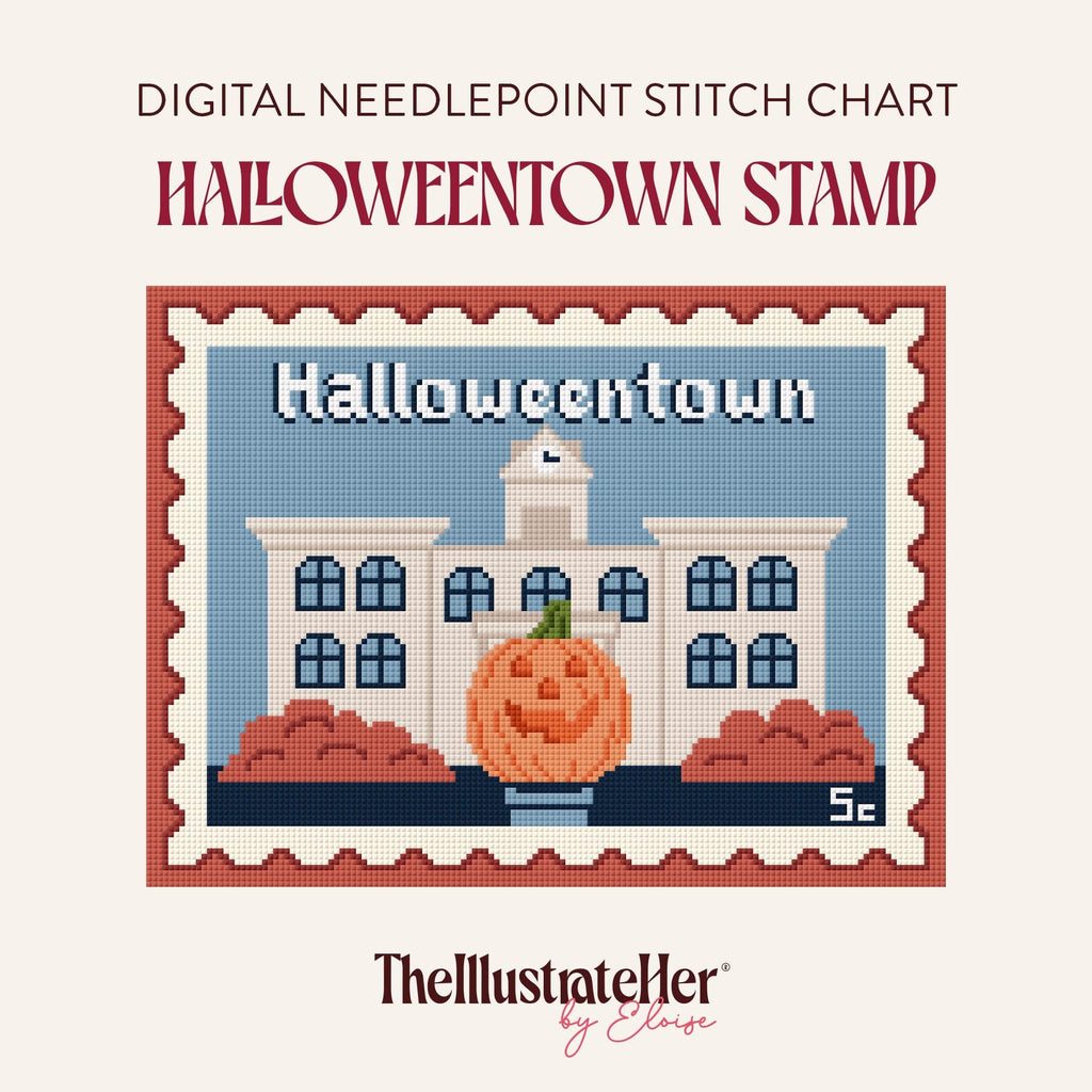 Halloweentown Stamp - Digital Needlepoint Stitch Chart 18 Mesh | Spooky Halloween