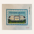  Needlepoint canvas with a house design and 'Cousins Beach' text, brand 'Eloise' visible.