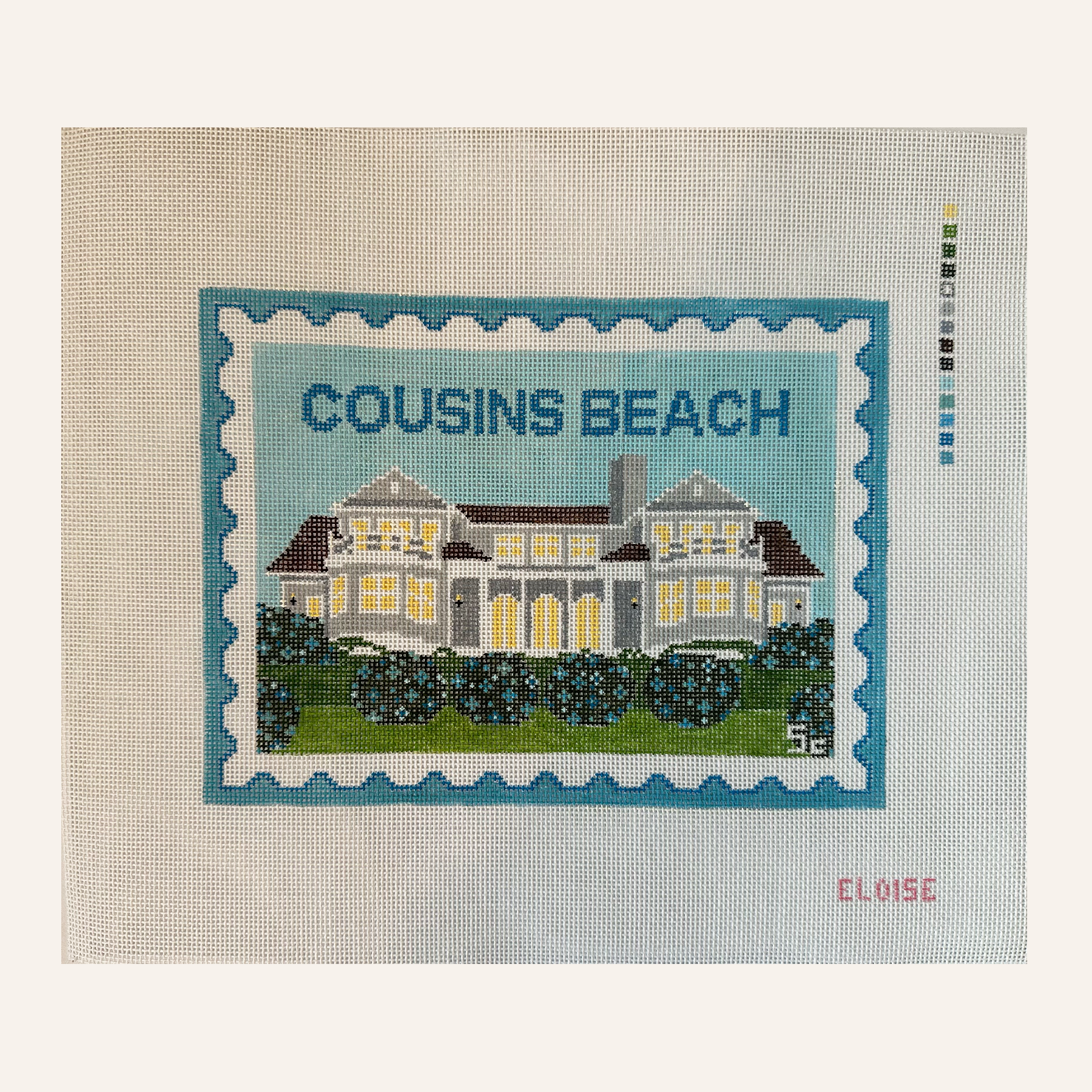  Needlepoint canvas with a house design and 'Cousins Beach' text, brand 'Eloise' visible.