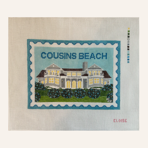  Needlepoint canvas with a house design and 'Cousins Beach' text, brand 'Eloise' visible.