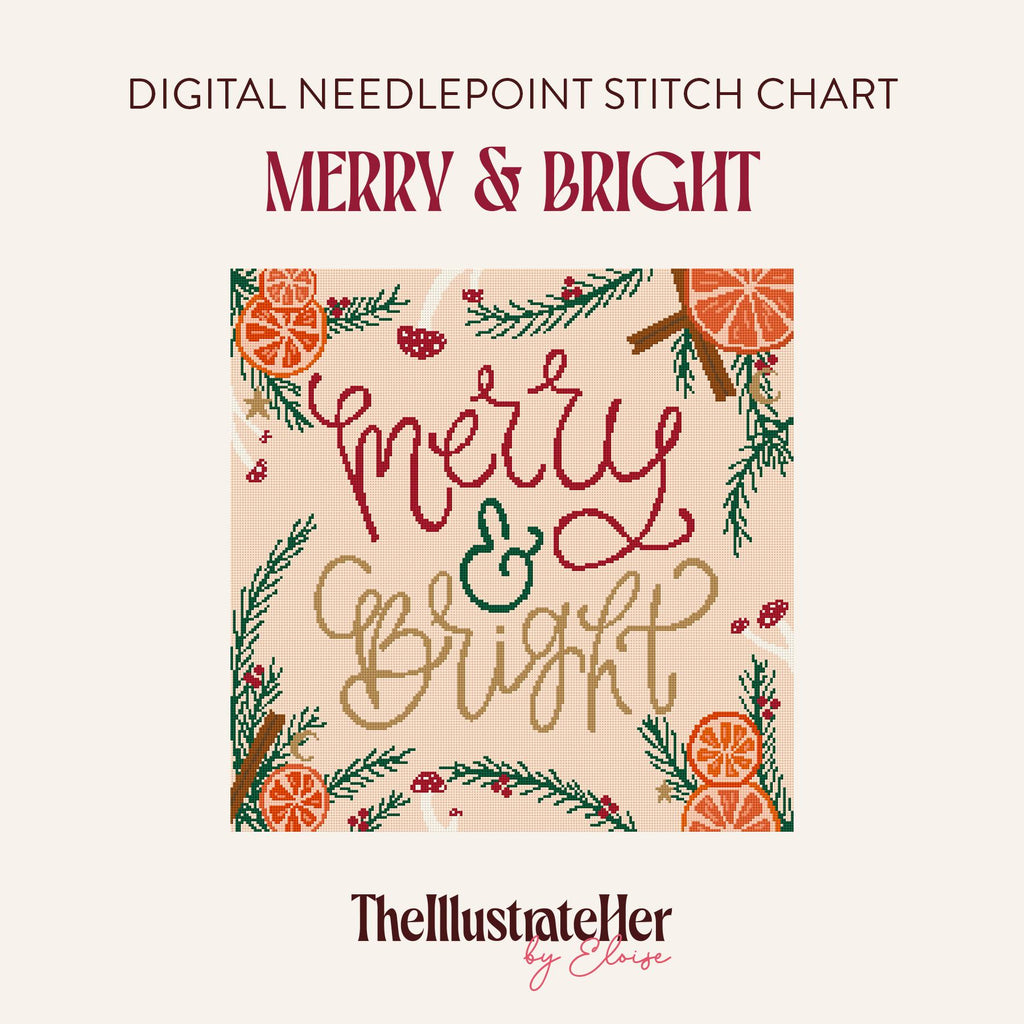 Merry & Bright - Digital Needlepoint Stitch Chart - 18 Mesh | Christmas Holiday Solstice Yule