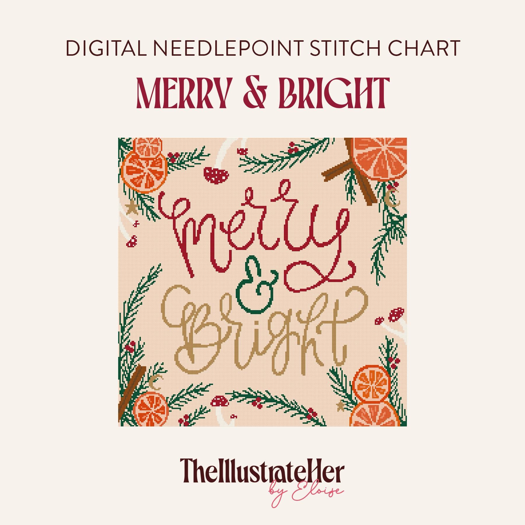 Merry & Bright - Digital Needlepoint Stitch Chart - 18 Mesh | Christmas Holiday Solstice Yule