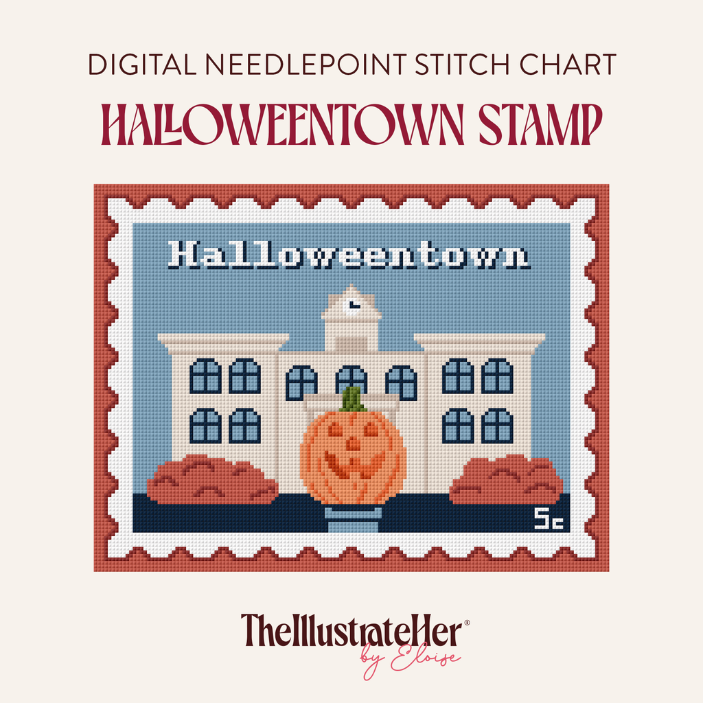 ​​A digital needlepoint pattern featuring a Halloweentown Stamp with a town hall and large pumpkin in a blue and orange color palette. Text reading"Digital Needlepoint Stitch Chart" "Halloweentown Stamp" and TheIllustrateHer® by Eloise logo. 