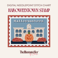 ​​A digital needlepoint pattern featuring a Halloweentown Stamp with a town hall and large pumpkin in a blue and orange color palette. Text reading"Digital Needlepoint Stitch Chart" "Halloweentown Stamp" and TheIllustrateHer® by Eloise logo. 