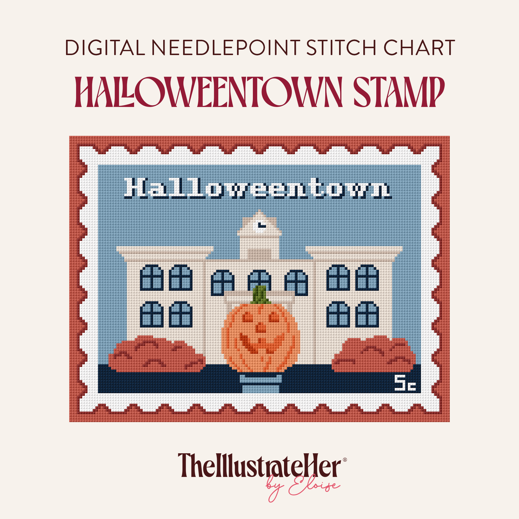 ​​A digital needlepoint pattern featuring a Halloweentown Stamp with a town hall and large pumpkin in a blue and orange color palette. Text reading"Digital Needlepoint Stitch Chart" "Halloweentown Stamp" and TheIllustrateHer® by Eloise logo. 